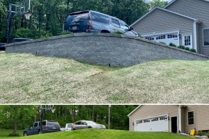 Large Level Patio with Fire Pit, Retaining Wall, Steps